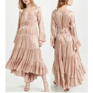 Cinq a Sept Nina Satin Tiered V-Neck Long Sleeve Maxi Dress Size 6 Travertine
